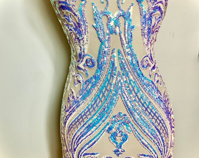 Royalty Iridescent (Baby Blue) Sequins 4 Way Stretch ON Nude Spandex Mesh Fabric By The Yard/ Embroidery Fabric/ Prom Lace/ Wedding Dress/