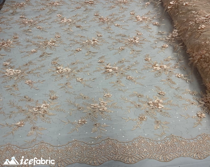 Fashion 3D Flowers Floral Lace Fabric By The Yard | Peach Embroidery Beaded Fabric with Sequin on Mesh
