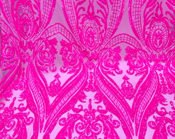 Neon Pink Sequin Fabric By The Yard_ Iridescent 4 Way Stretch Sequins Fabric_ Embroidered Lace Fabric On  Mesh_ Wedding dress