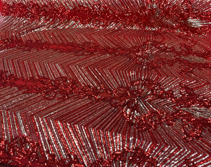 Red- Embroidered Fabric- 4 Way Stretch SEQUIN FABRIC  By The Yard _ Spandex Fabric- Mesh Sequin Fabric_ Lace Fabric