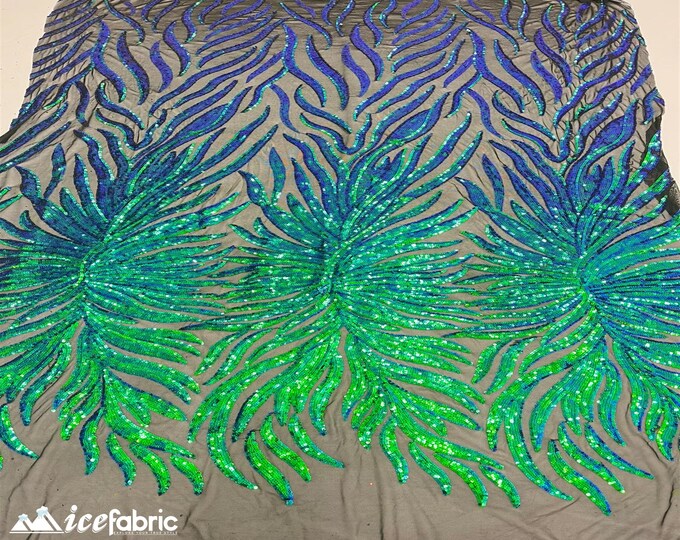 Feather 4 Way Stretch Sequin Fabric By The Yard | Iridescent Green Sequins on Black Mesh | Feather Embroidered Lace Fabric on Power Mesh