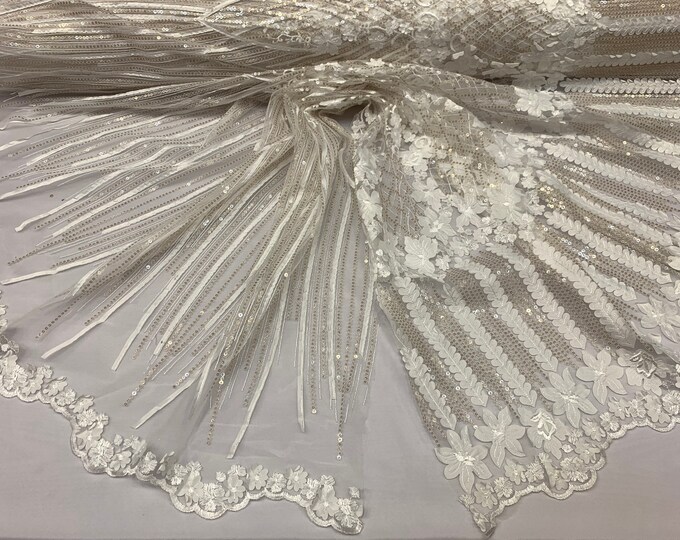 Ivory _Corded 3D Flowers/Floral Mesh Lace Fabric With Geometric Gold Sequins By The Yard// Embroidery Lace Mesh Dresses, Gowns, Skirts