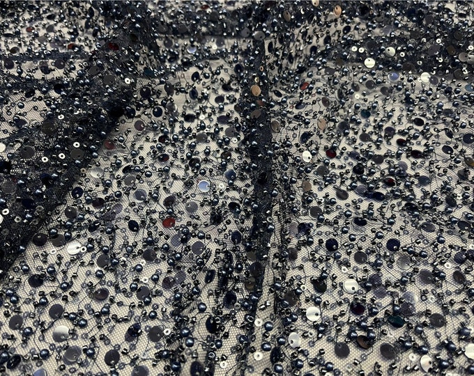Classic Embroidery Beaded Fabric With Sequin Fabric By The Yard | Navy Blue Sequin on Mesh Fabric | Handmade Lace | All Over Beads on Mesh