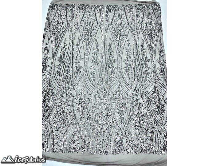 Elizabeth Embroidery Sequin Fabric By The Yard | 4 Way Stretch Fabric | 56” Wide | Silver