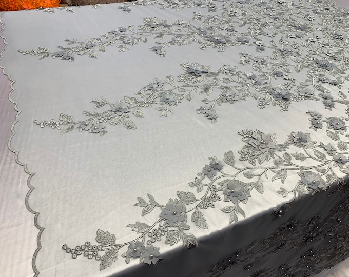 3D Pearls Flowers/Floral London Design Beaded Embroidered Mesh Lace Handmade Fabric By The Yard/ Tablecloths/ Veil/ Decor/ Skirts.(Gray)