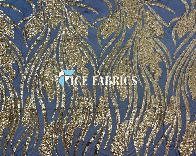Elegant Feather Gold on Black Sequin Fabric By The Yard Stretch Mesh Spandex Fabric Sequin Mesh Fabric Wedding Dress, Prom Dress