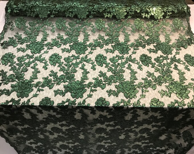 Hunter Green Sequins bridal Fashion women wedding dress fabric decoration tablecloth jacket mesh lace prom  Shop Flower Design by the yard.