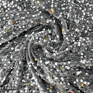 Emma 2 Way Stretch Velvet Sequin Fabric By The Yard | Embroidery Sequin On Spandex Velvet | Gray | 60” Wide