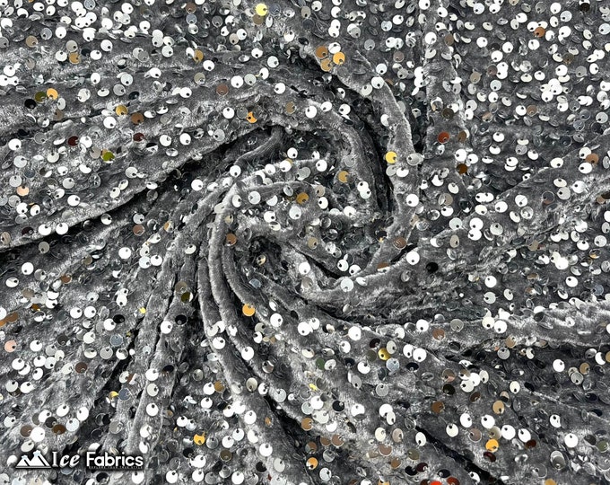 Emma 2 Way Stretch Velvet Sequin Fabric By The Yard | Embroidery Sequin On Spandex Velvet | Gray | 60” Wide