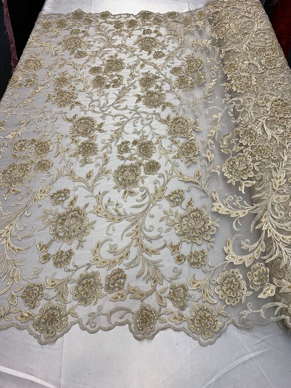 Beaded Floral Ivory Couture Lace Fabric by the Yard - OneYard