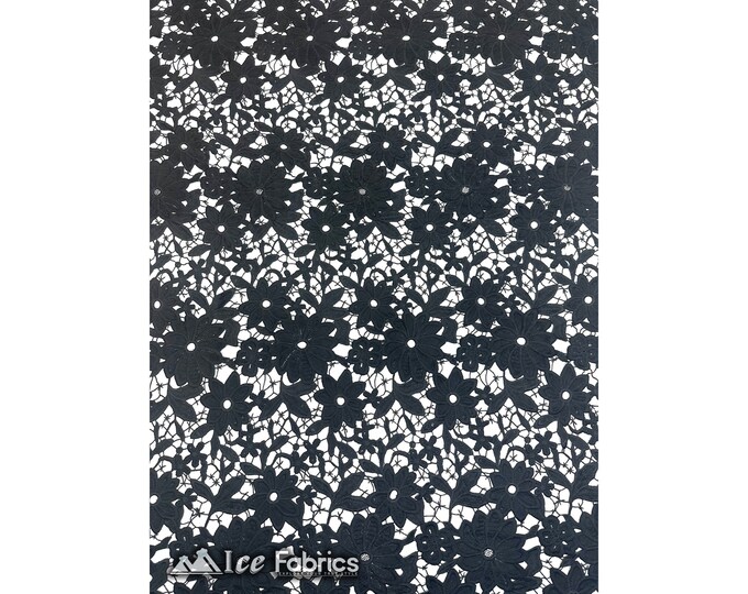 Black Floral Guipure Lace Fabric By The Yard | Bridal Veil Gowns Fabric | Scallop Embroidered Fabric