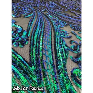 Big Damask Sequins - Lime Green Iridescent - Damask Sequin Design on 4 Way Stretch Fabric By Yard
