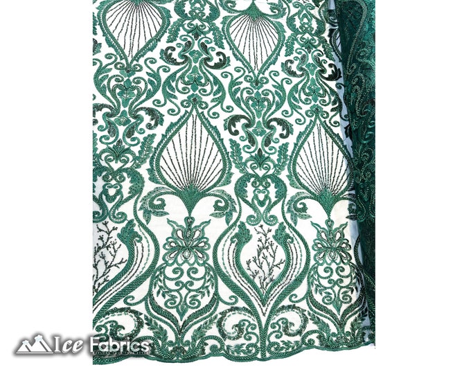 Luxurious Hunter Green Embroidered Beaded Fabric By The Yard | Handmade beads Lace on Mesh Fabric | Damask Beaded