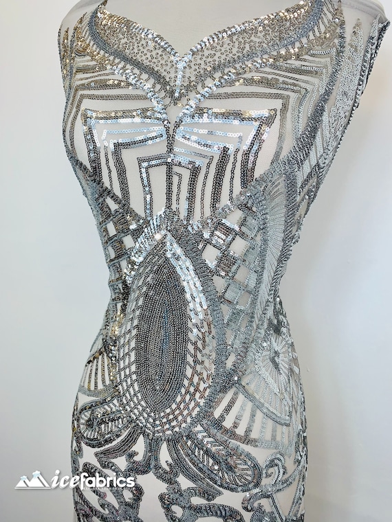 New Silver Sequin Fabric By The Yard/ 4 Way Stretch Sequin Fabric/ Embroidered Fabric /Sequins Lace Fabric/ Sequin One Spandex Mesh