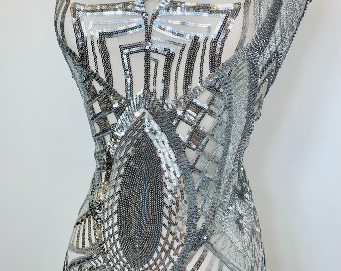 New Silver Sequin Fabric By The Yard/ 4 Way Stretch Sequin Fabric/ Embroidered Fabric /Sequins Lace Fabric/ Sequin One Spandex Mesh