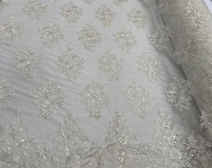 Off White_Floral Lace Fabric By Yard_ Embroidered Corded Metallic Flowers On Mesh Lace Fabric With Sequins_Dress,Gowns,Tablecloths, Costumes
