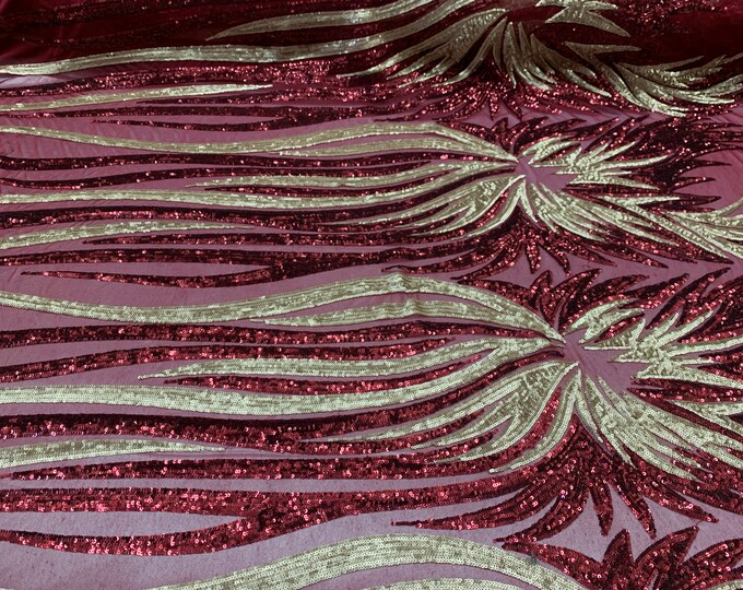Burgundy,Gold_ FEATHER Floral French Sequins// Spandex Mesh 4 Way Stretch Sequins Mesh Lace Fabric By The Yard//Sequins Stretch Prom Lace