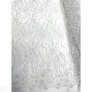 White Floral Beaded Fabric By The Yard | Lace Fabric Embroidery Sequin Fabric with Beads on Mesh Fabric