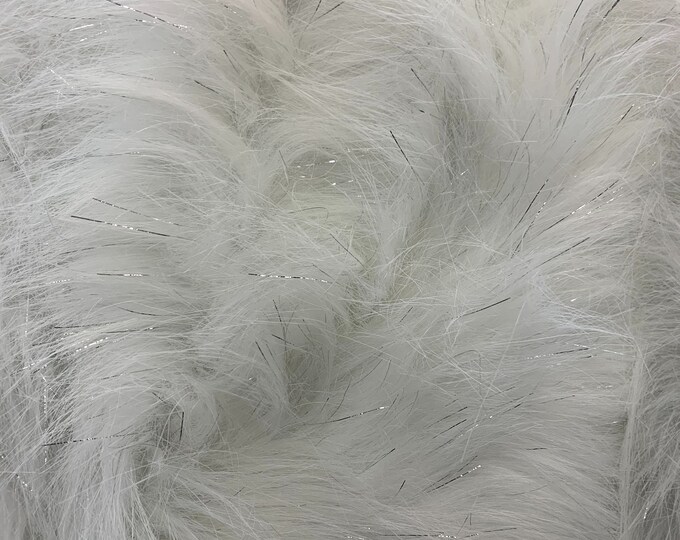 Animal Fake Faux Fur Fabric By The Yard ( 2 Tone Shiny Tinsel WHITE) Long Pile Fur Tinsel_ "60 WIDE _ For Blanket, Jackets, Coats, Craft