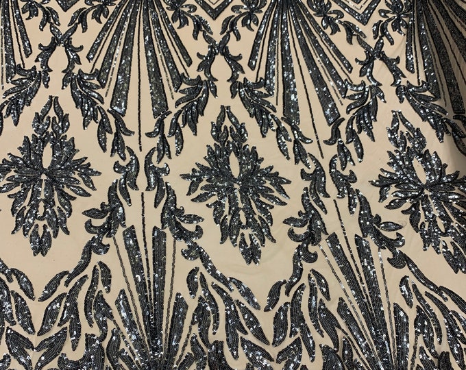 Gray Sequin Fabric By The Yard _ Geometric 4 Way Stretch Sequin Embroidery Lace On Nude Spandex Mesh