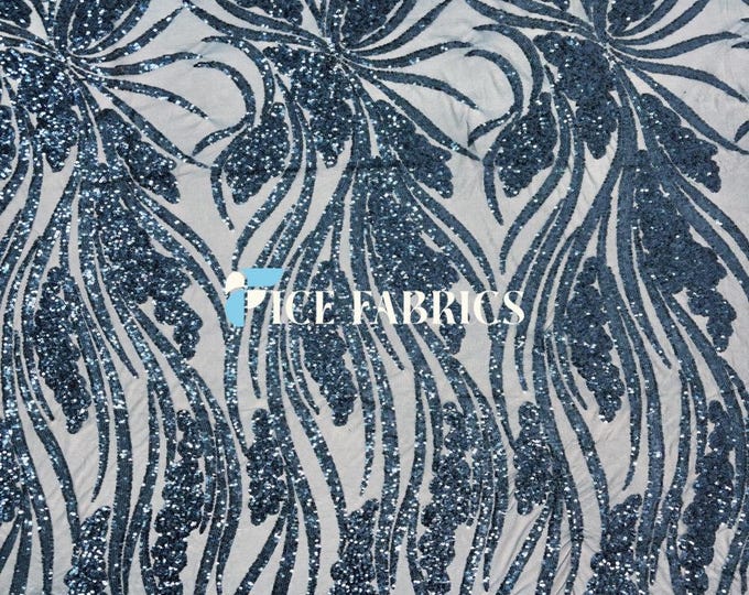 Elegant Feather Teal Blue Sequin Fabric By The Yard Stretch Mesh Spandex Fabric Sequin Mesh Fabric Wedding Dress, Prom Dress
