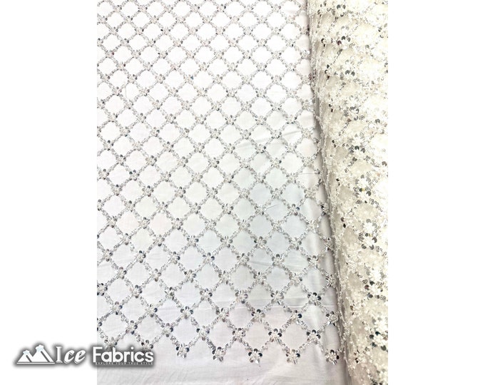 Ivory Geometric Embroidery Sequin Beaded Fabric  By The Yard | Handmade Embroidered Lace Sequin Fabric on Mesh Fabric