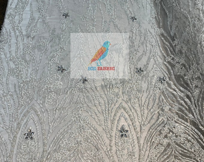 IVORY_ MINI Flowers/Floral Beaded Fabric By The Yard//Embroidered Mesh Lace with Beads_ For Wedding Dresses, Prom Dress, Bridal Gowns