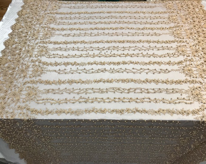 Gold Design Beaded Fabric,Lace Fabric By The Yard-Embroider Beaded For Bridal-Floral Mesh Dress Lace Prom-Nightgown skirts runners