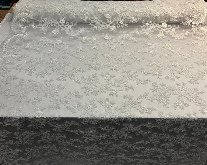 Off White Mesh Lace Floral Fabric By The Yard_ Embroidery Handmade Floral Lace_ Decor, Night Gowns, Tablecloths, Runners, Skirts, Costumes