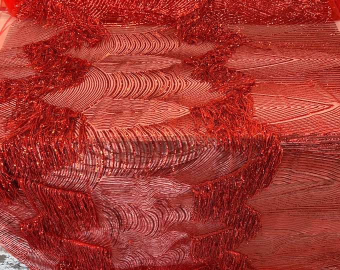 Dangle Design/ Red Geometric/ Embroidered Sequins Fabric By The Yard/ Sequins Dangle ON Stretch Tulle Mesh/ For Night Gowns/ Dresses/
