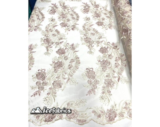 Luca Floral Lace Fabric By The Yard Dusty Rose / Ivory Embroidery Flowers Sequin Fabric On Mesh. Wedding Dress, Decoration