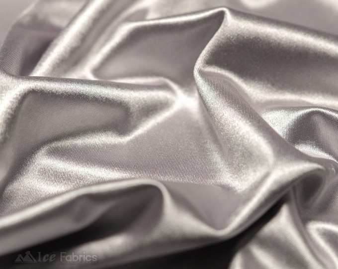 Silver 4 way stretch Silky Spandex Satin Fabric By The Yard | Shiny Satin Fabric | 60” Wide | Thick and Heavy Satin Spandex
