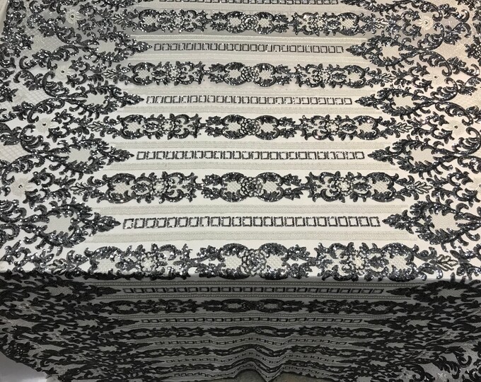 Silver Sequins 4 Way Stretch On A Mesh Lace Embroidery Fabric Geometric Design For Tablecloths/Dresses/Night gowns/ Runners
