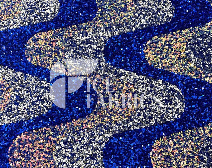 Wavy Sequin Stretch Velvet Fabric by The Yard - 60" Wide Royal Silver Iridescent on Blue Velvet for Apparel, Costume, Decor
