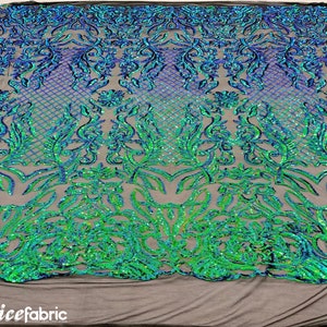 Mia Geometric Sequin Fabric By The Yard | 4 Way Stretch Fabric | Sequin Geometric Embroidery Fabric | Iridescent Green on Black Mesh image 10