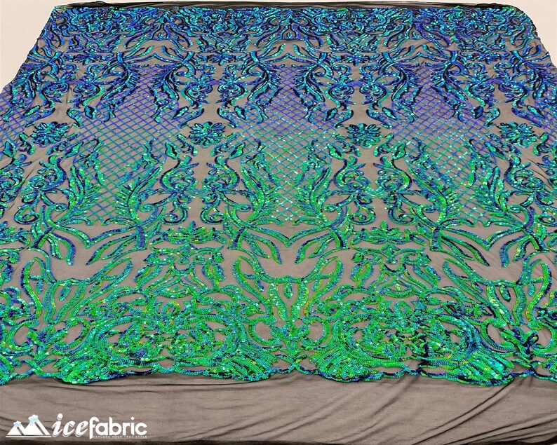 Mia Geometric Sequin Fabric By The Yard | 4 Way Stretch Fabric | Sequin Geometric Embroidery Fabric | Iridescent Green on Black Mesh image 10