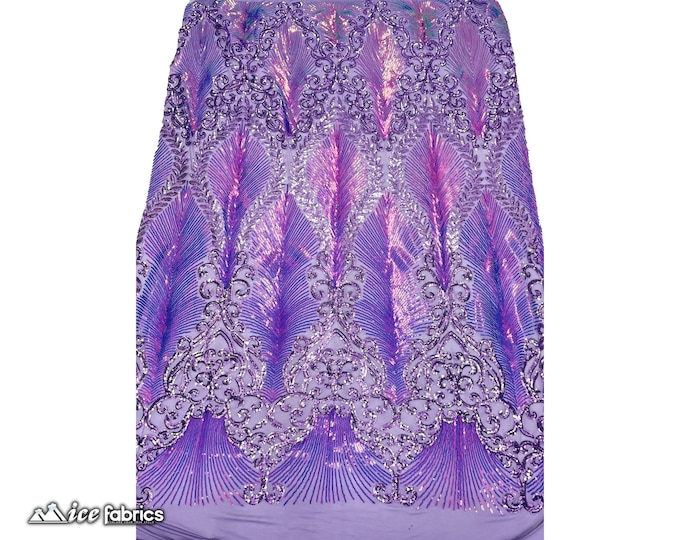 Modern Iridescent Lavender 4 Way Stretch Sequin Fabric By The Yard | Spandex Fabric | Embroidery Lace on Power Mesh Fabric | 56” Wide