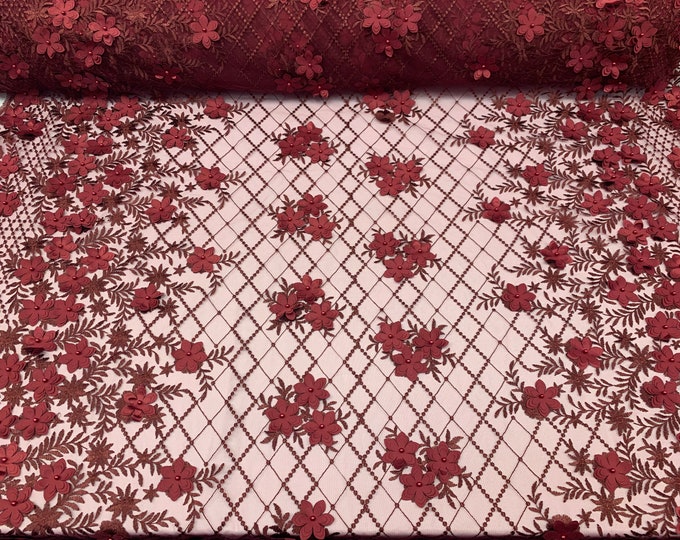 Burgundy_ Floral 3D Flowers Pearls//Mesh 2 WAY Stretch//Beaded Mesh Lace Embroider Lace Fabric By The Yard//Veil//Gowns/ costumes/Prom Dress