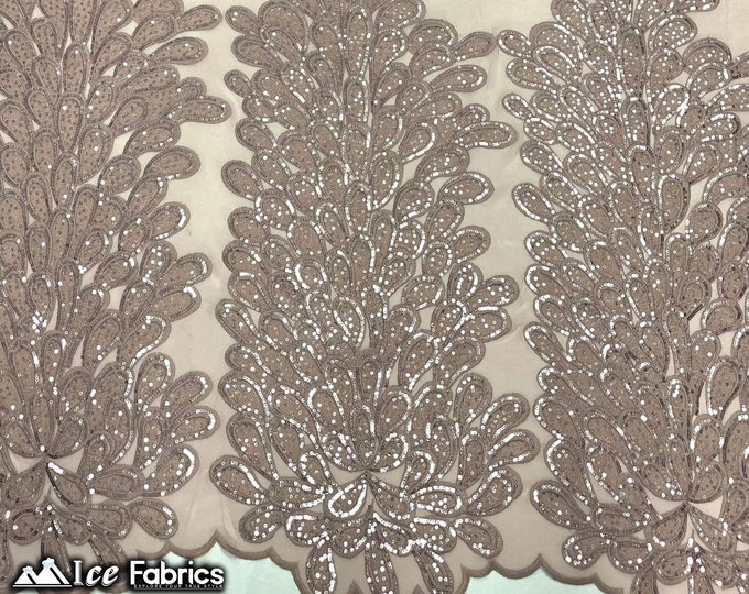 Dusty Rose Vegas Peacock Embroidery Lace Sequin Fabric | on 2 Way Stretch Mesh | Sold By 3 Panels | (34” Length) (54” Wide)