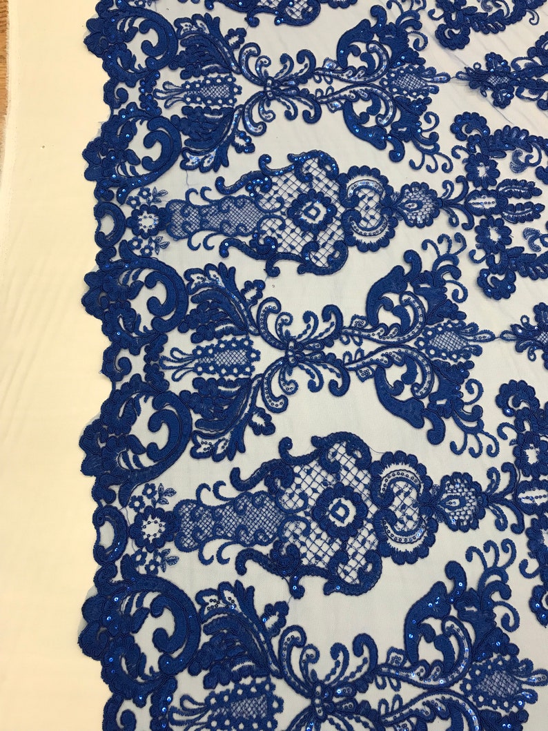 Royal blue Vine Design Embroider and heavy beading on a mesh lace-sold by the yard. main image 1