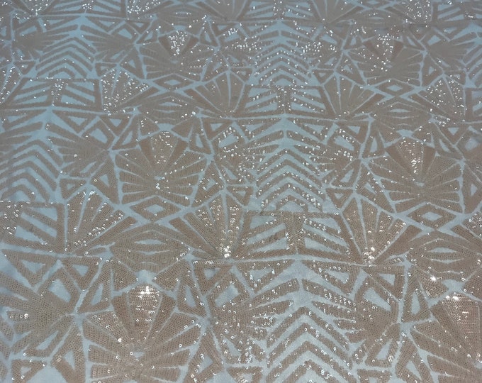 Luxury Geometric 4 Way Stretch Sequins (Matt Peach) On A Mesh Lace Embroidered Fabric By The Yard For Dress, Tablecloths, Decoration