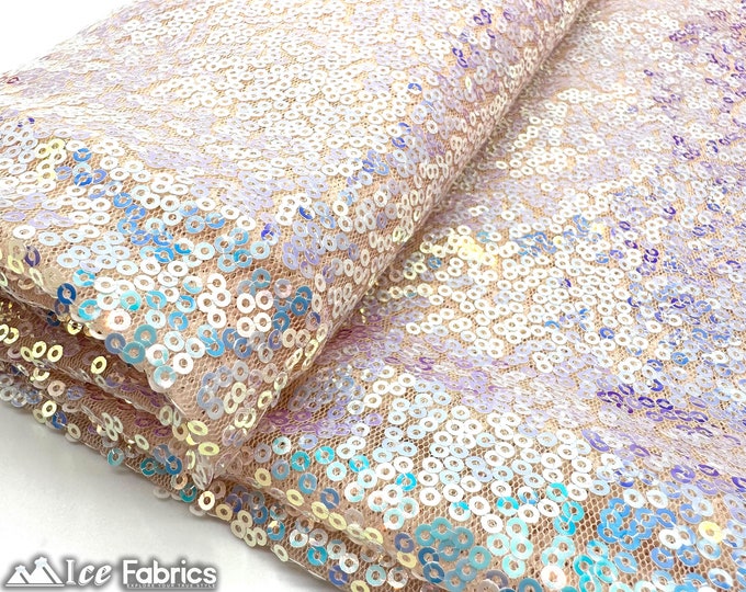 Luxury Iridescent White Blue on Nude Mini Sequin Fabric By The Yard on Mesh Fabric | Glitter Sequin Fabric | 3mm Sequin Fabric
