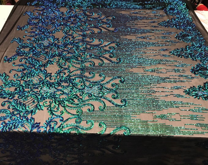 Green Iridescent Sequin Fabric By The Yard_ Embroidered 4 Way Stretch Sequin Fabric_ Spandex Fabric Black Mesh Fabric_ Prom Dress