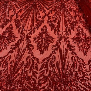 Red Sequin Fabric By The Yard _ Geometric 4 Way Stretch Sequin Embroidery Lace On (Red) Spandex Mesh _