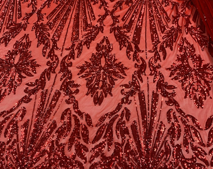 Red Sequin Fabric By The Yard _ Geometric 4 Way Stretch Sequin Embroidery Lace On (Red) Spandex Mesh _