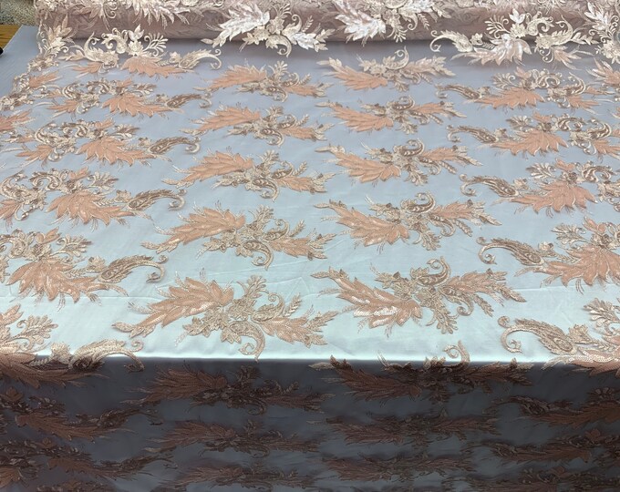 FAST SHIPPING/ Mesh Lace Fabric Sold By The Yard Floral/Flowers Sequins Stretch Embroidered Handmade Lace/Tablecloths/Dress(Peach/Champagne)