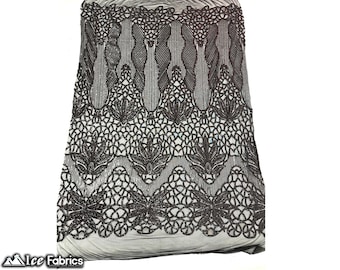 Schwarzer 4-Wege-Stretch-Sequin-Stoff Meterware | Stickerei Spitzenstoff Auf Mesh Spandex Pailletten Stoff