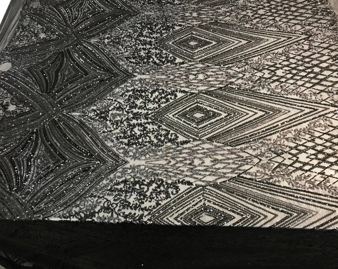 Black Stretch Sequin Fabric By The Yard/ Embroidered Fabric/ Sequin Lace Fabric/ 4 Way Stretch Mesh Fabric/ Spandex Fabric