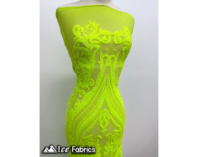 Iridescent Neon Yellow Damask Sequin Fabric By The Yard | Yellow Mesh 4 Way Stretch Sequin Fabric | 60” Wide | Embroidered Lace Fabric | EGP