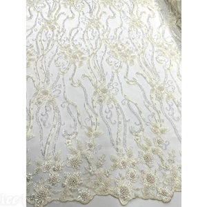 Ivory Floral Beaded Fabric By The Yard | Lace Fabric Embroidery Sequin Fabric with Beads on Mesh Fabric
